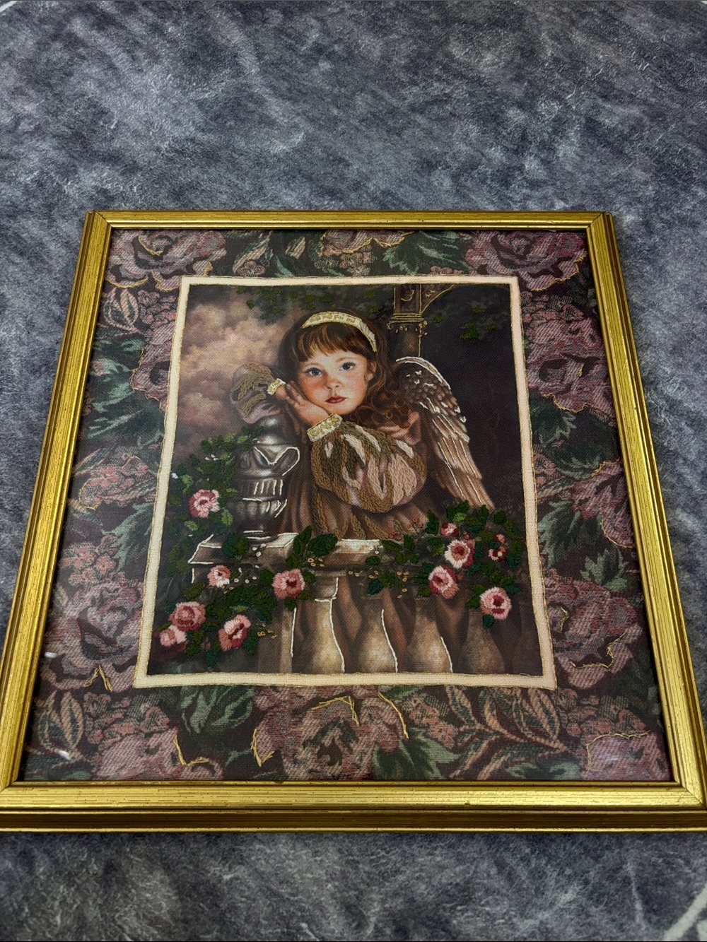 Framed Angel Wall Art Print in Gold and Pink embroidered Garden of innocence